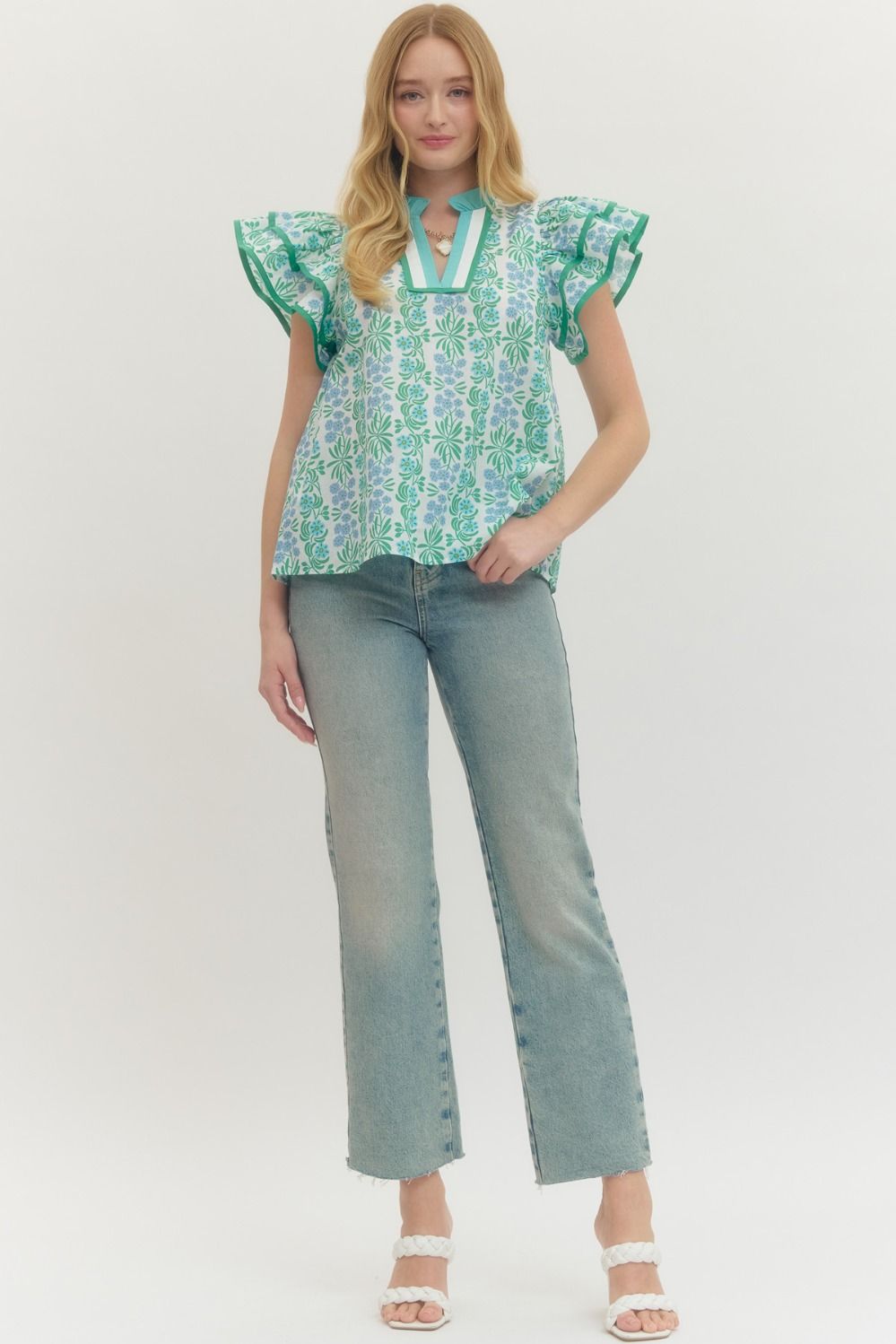 Floral Flutter Sleeve Top Featuring Contrast Trim Neckline