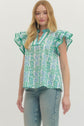 Floral Flutter Sleeve Top Featuring Contrast Trim Neckline