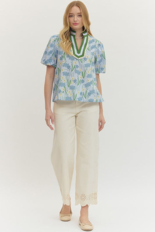 Floral Print Puff Sleeve Featuring Striped Neckline