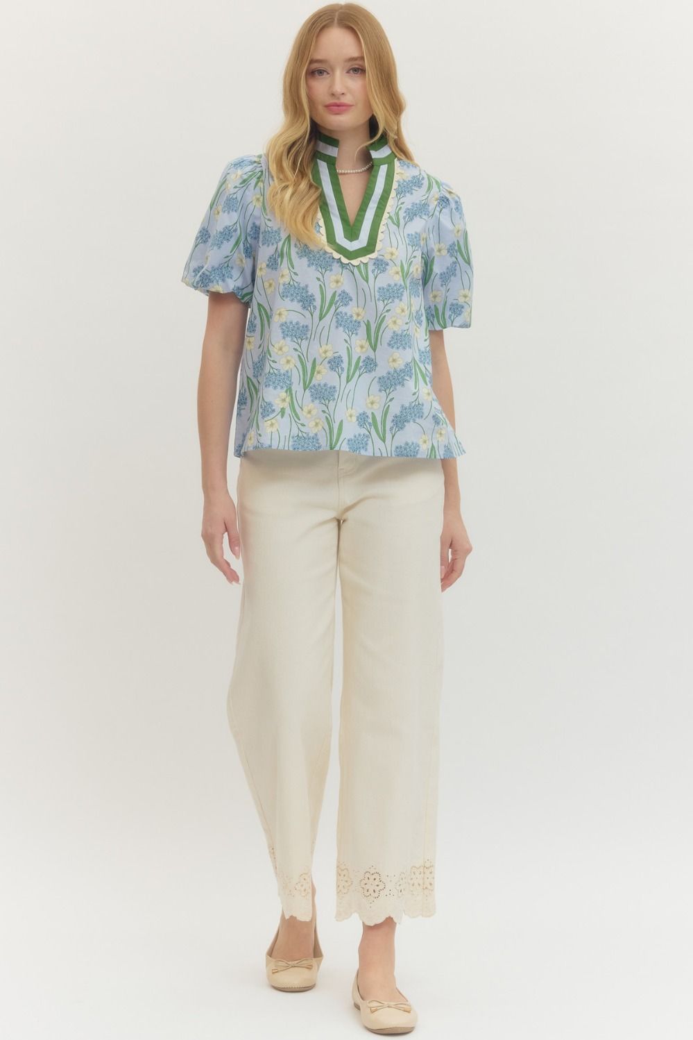 Floral Print Puff Sleeve Featuring Striped Neckline