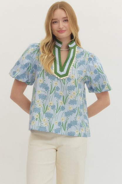 Floral Print Puff Sleeve Featuring Striped Neckline