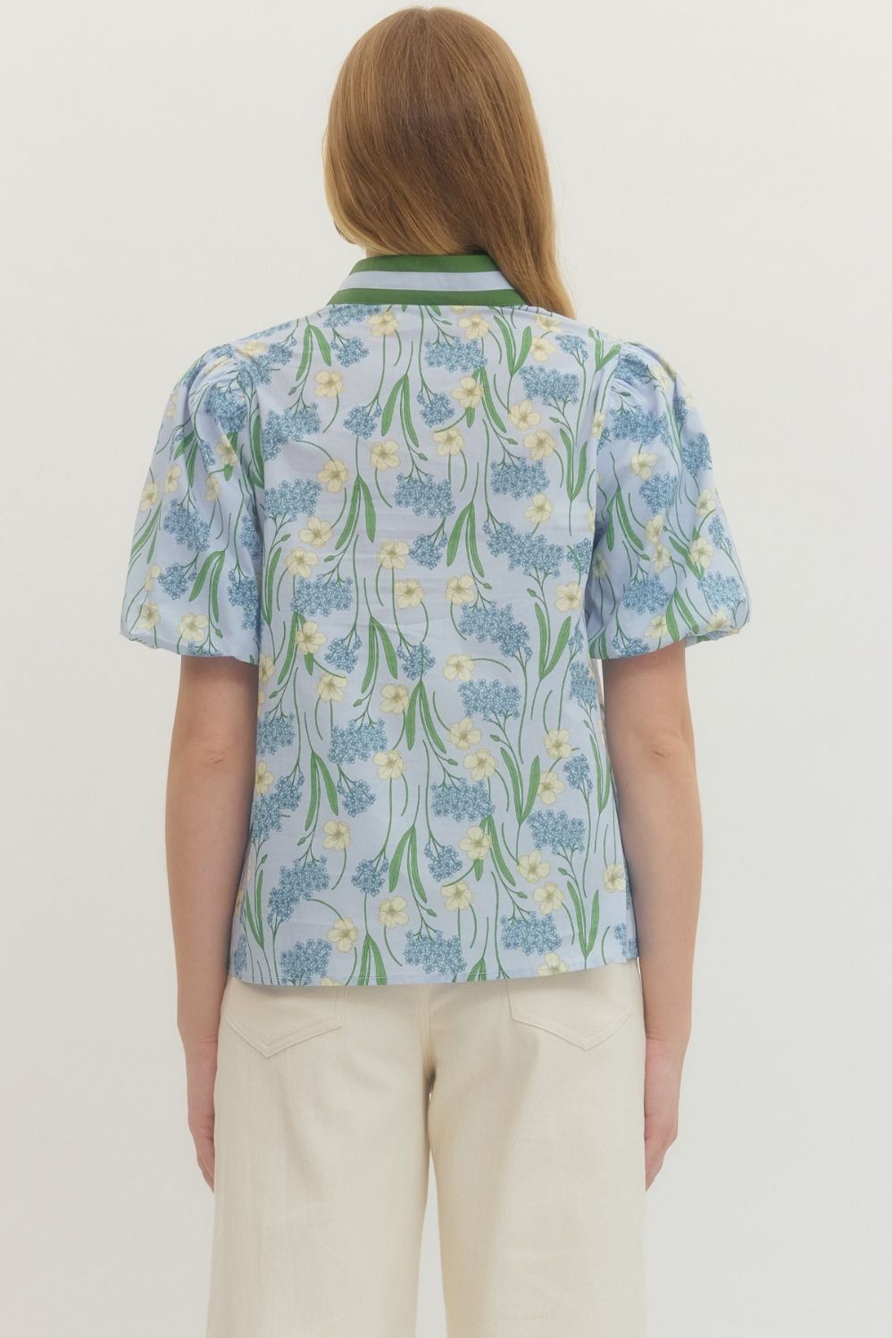 Floral Print Puff Sleeve Featuring Striped Neckline
