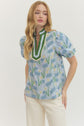 Floral Print Puff Sleeve Featuring Striped Neckline