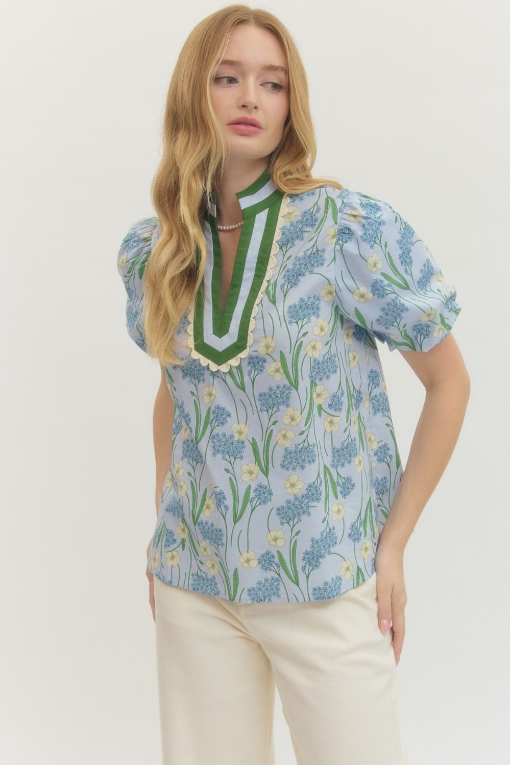 Floral Print Puff Sleeve Featuring Striped Neckline