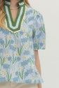 Floral Print Puff Sleeve Featuring Striped Neckline