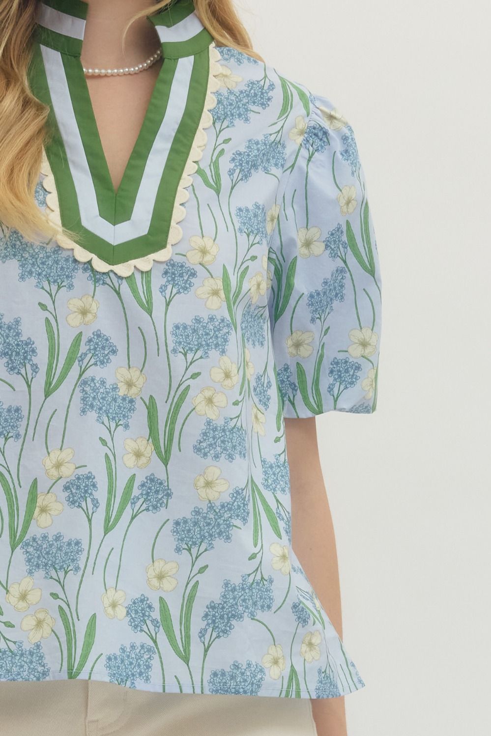 Floral Print Puff Sleeve Featuring Striped Neckline