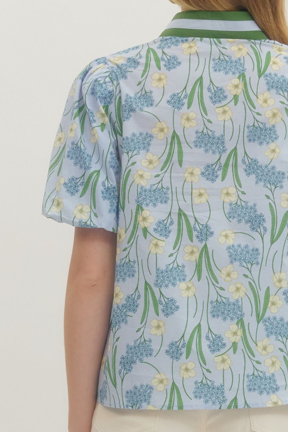 Floral Print Puff Sleeve Featuring Striped Neckline