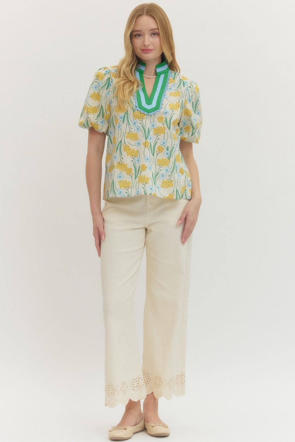 Floral Print Puff Sleeve Featuring Striped Neckline