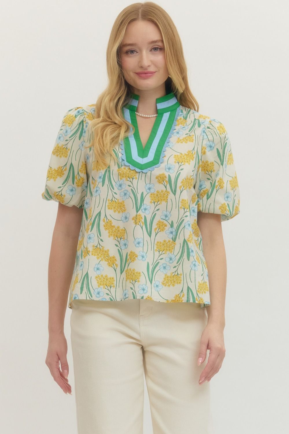 Floral Print Puff Sleeve Featuring Striped Neckline