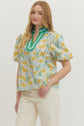 Floral Print Puff Sleeve Featuring Striped Neckline