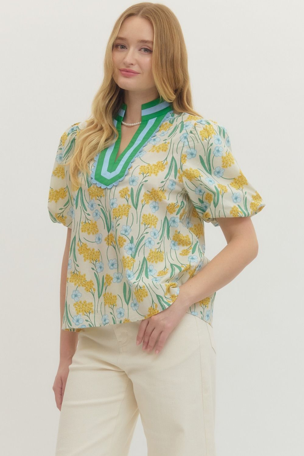 Floral Print Puff Sleeve Featuring Striped Neckline