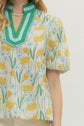 Floral Print Puff Sleeve Featuring Striped Neckline