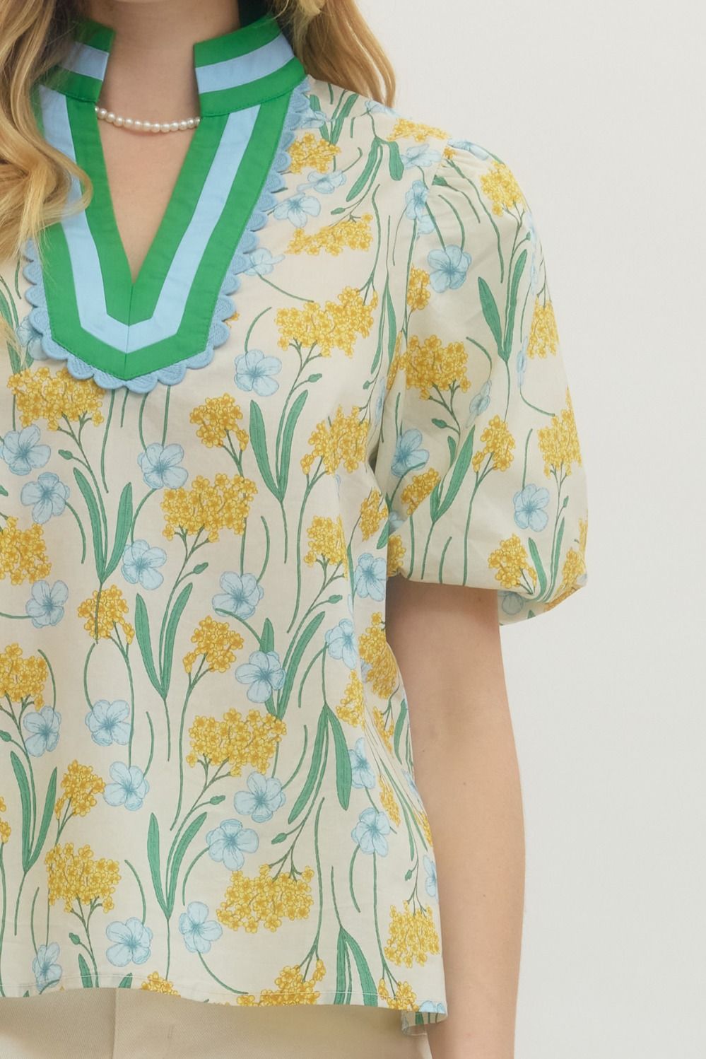 Floral Print Puff Sleeve Featuring Striped Neckline