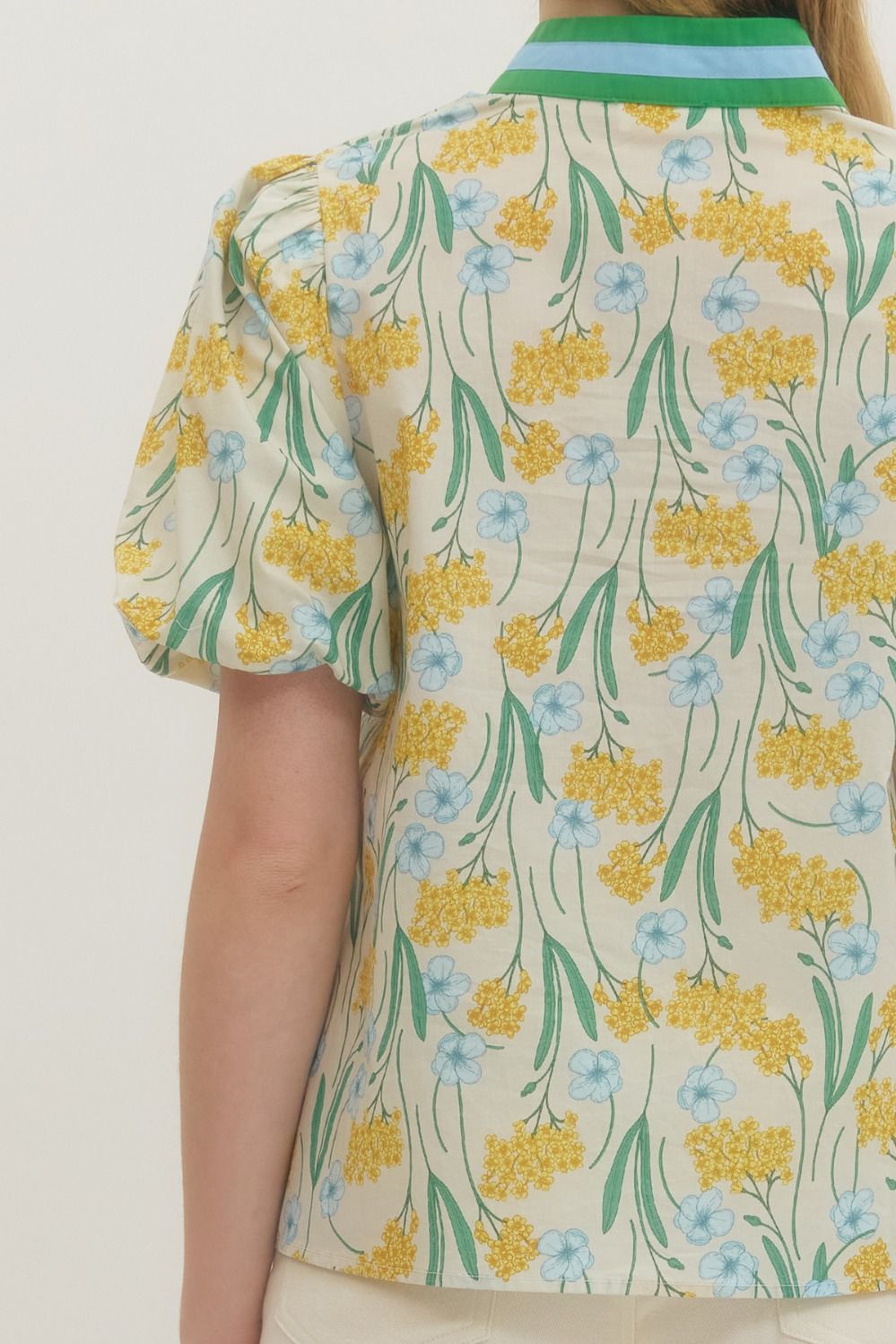 Floral Print Puff Sleeve Featuring Striped Neckline