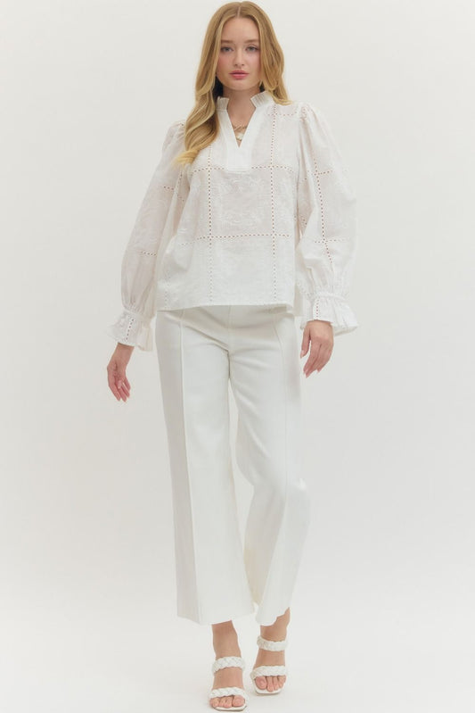 Embroidered Ruffled Mock Neck Long Sleeve Top