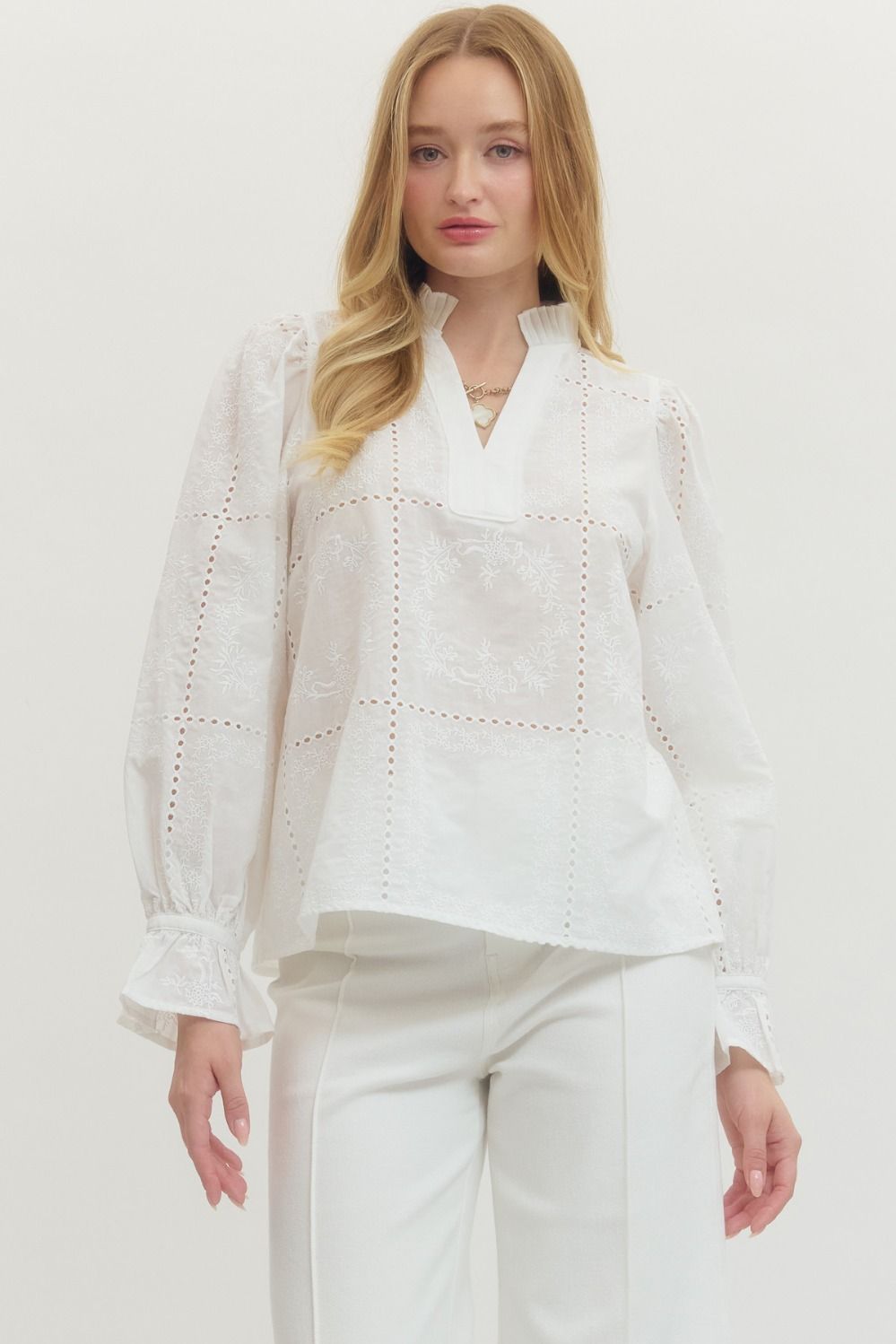 Embroidered Ruffled Mock Neck Long Sleeve Top