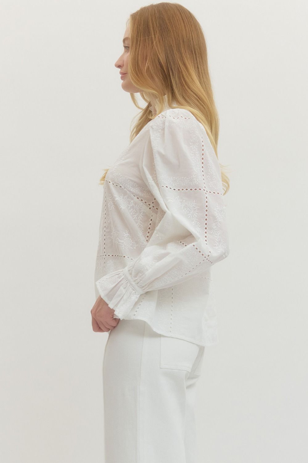 Embroidered Ruffled Mock Neck Long Sleeve Top