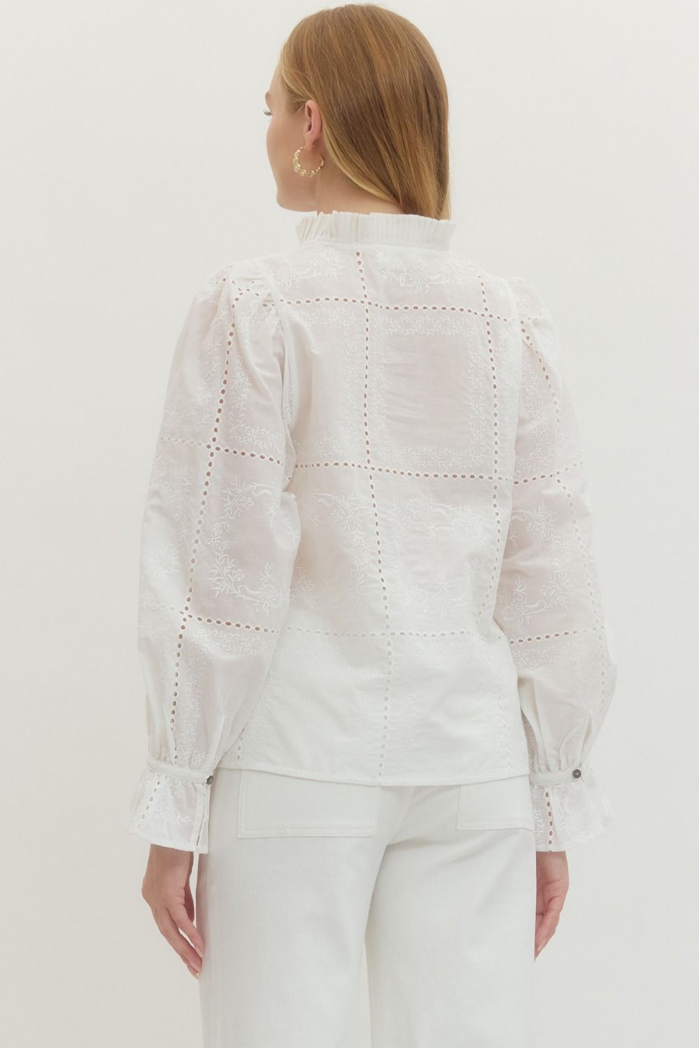 Embroidered Ruffled Mock Neck Long Sleeve Top