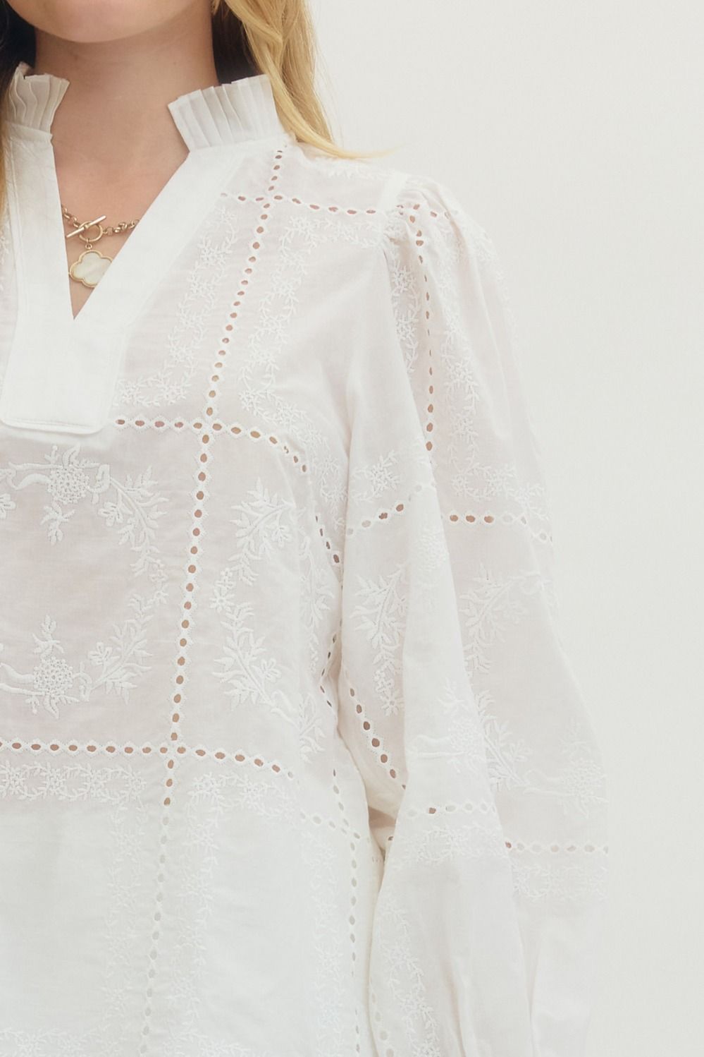 Embroidered Ruffled Mock Neck Long Sleeve Top