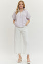 Striped Puff Sleeve Top with Half-Zip Ribbed Collar