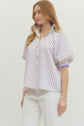 Striped Puff Sleeve Top with Half-Zip Ribbed Collar