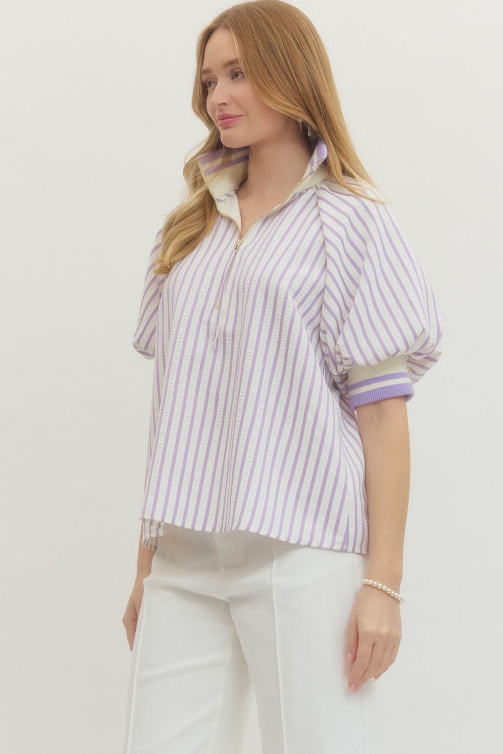Striped Puff Sleeve Top with Half-Zip Ribbed Collar