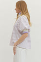 Striped Puff Sleeve Top with Half-Zip Ribbed Collar