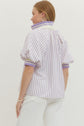 Striped Puff Sleeve Top with Half-Zip Ribbed Collar