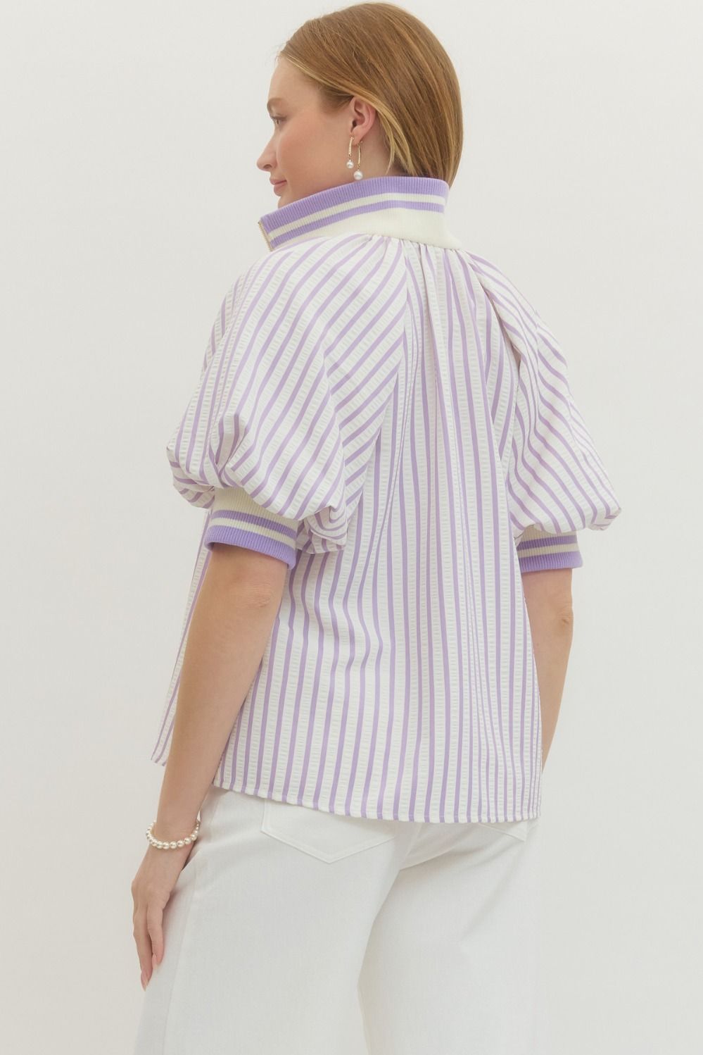 Striped Puff Sleeve Top with Half-Zip Ribbed Collar