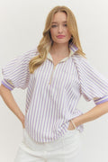 Striped Puff Sleeve Top with Half-Zip Ribbed Collar