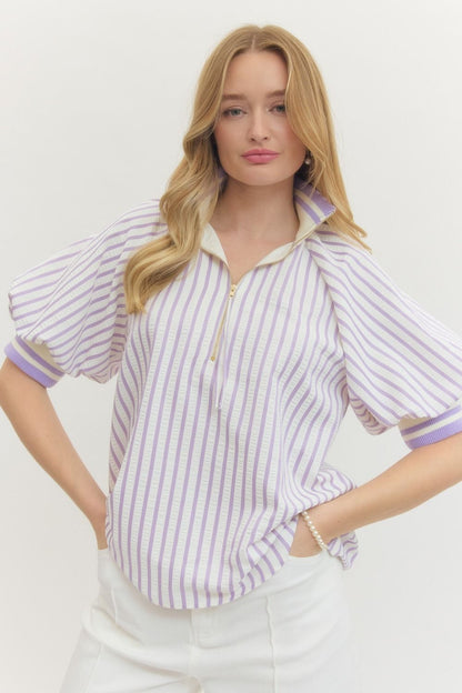 Striped Puff Sleeve Top with Half-Zip Ribbed Collar