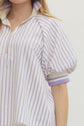 Striped Puff Sleeve Top with Half-Zip Ribbed Collar