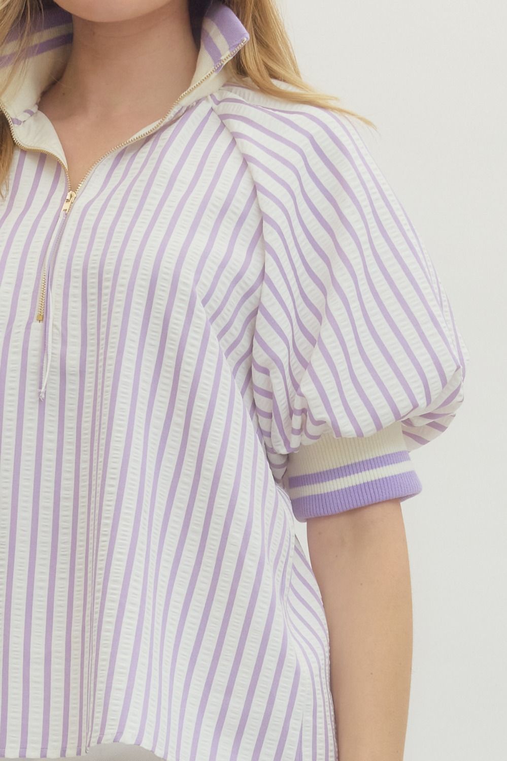 Striped Puff Sleeve Top with Half-Zip Ribbed Collar