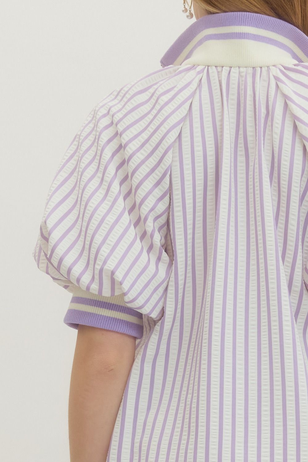 Striped Puff Sleeve Top with Half-Zip Ribbed Collar