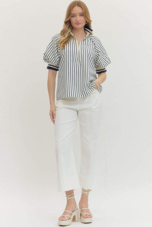 Striped Puff Sleeve Top with Half-Zip Ribbed Collar