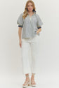 Striped Puff Sleeve Top with Half-Zip Ribbed Collar