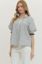Striped Puff Sleeve Top with Half-Zip Ribbed Collar
