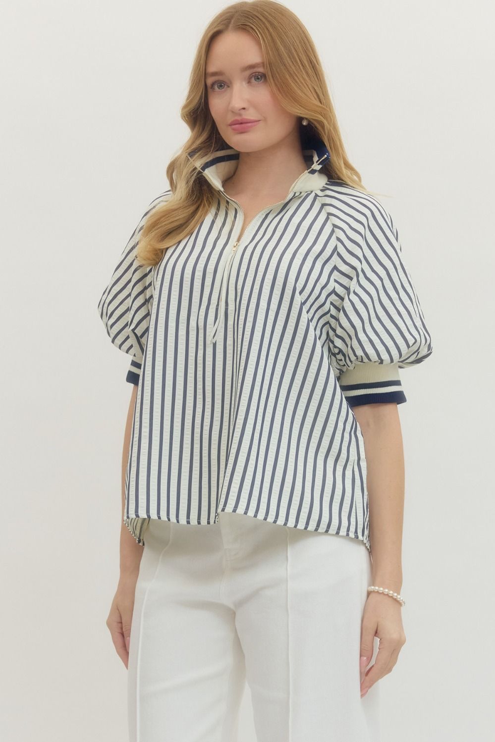 Striped Puff Sleeve Top with Half-Zip Ribbed Collar