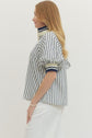 Striped Puff Sleeve Top with Half-Zip Ribbed Collar