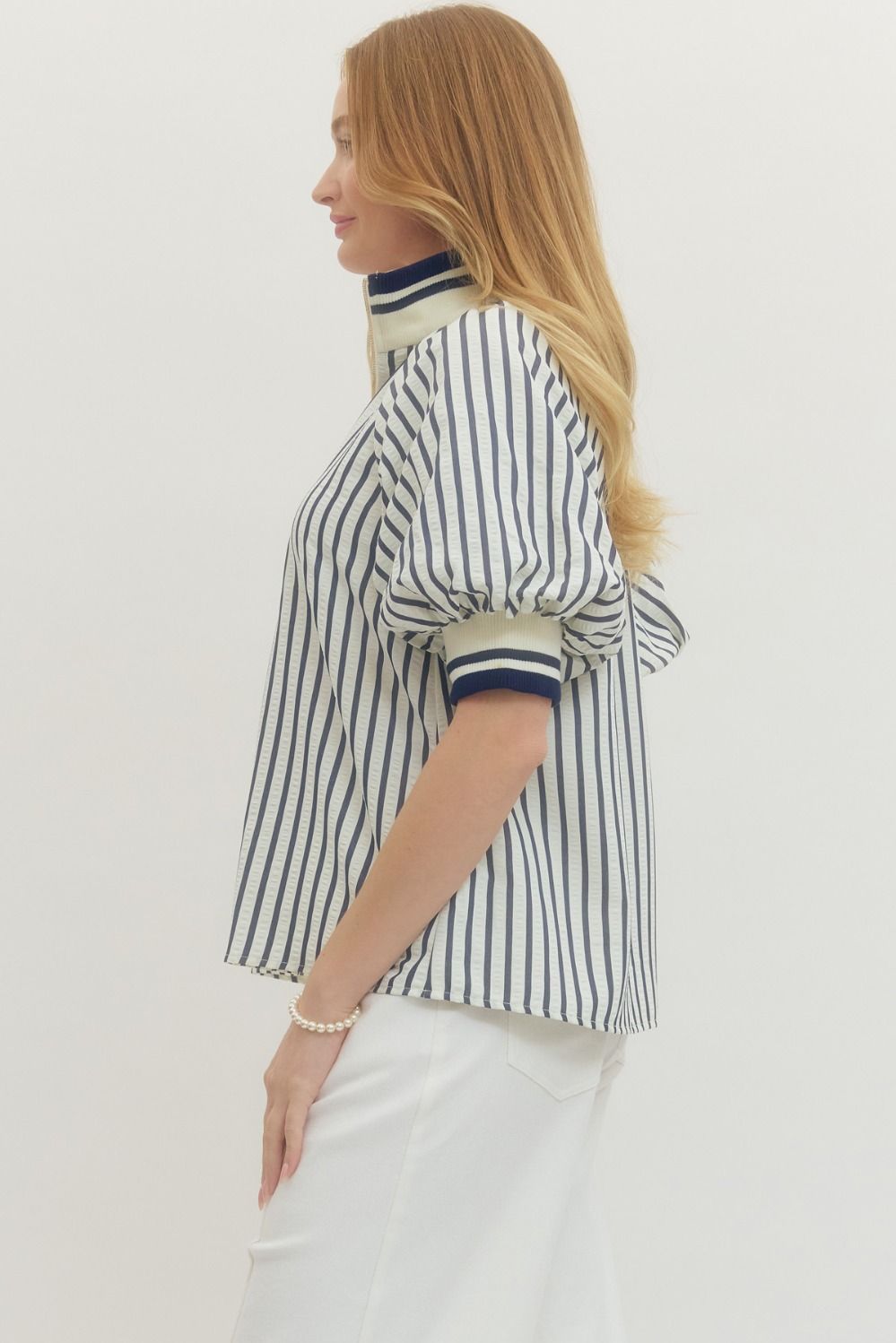 Striped Puff Sleeve Top with Half-Zip Ribbed Collar