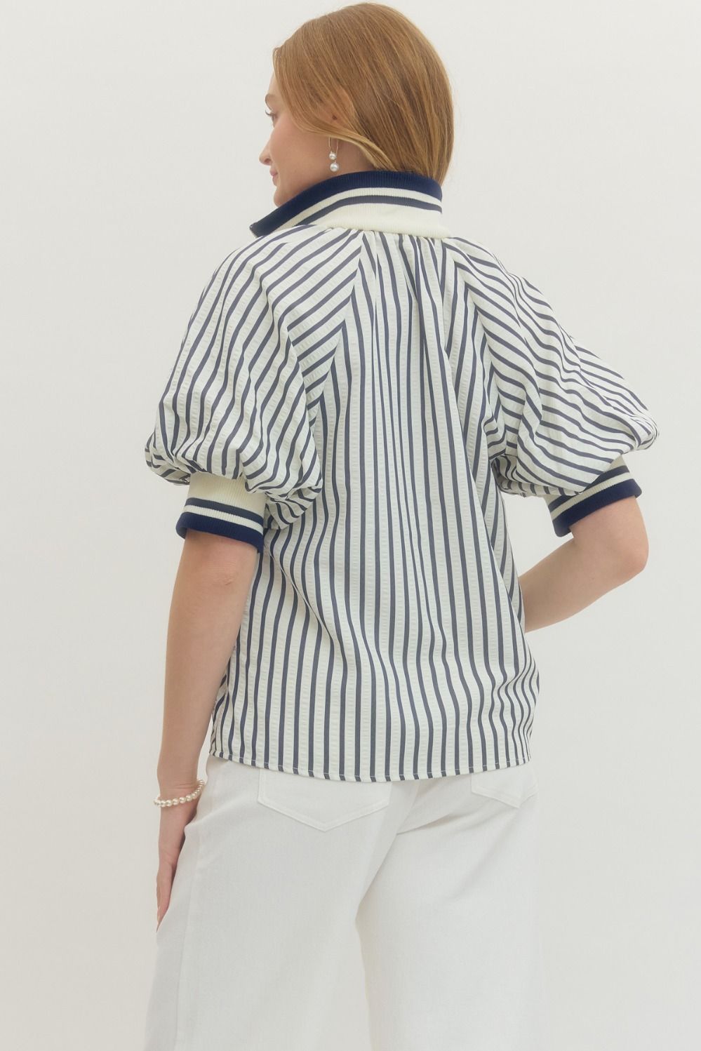 Striped Puff Sleeve Top with Half-Zip Ribbed Collar