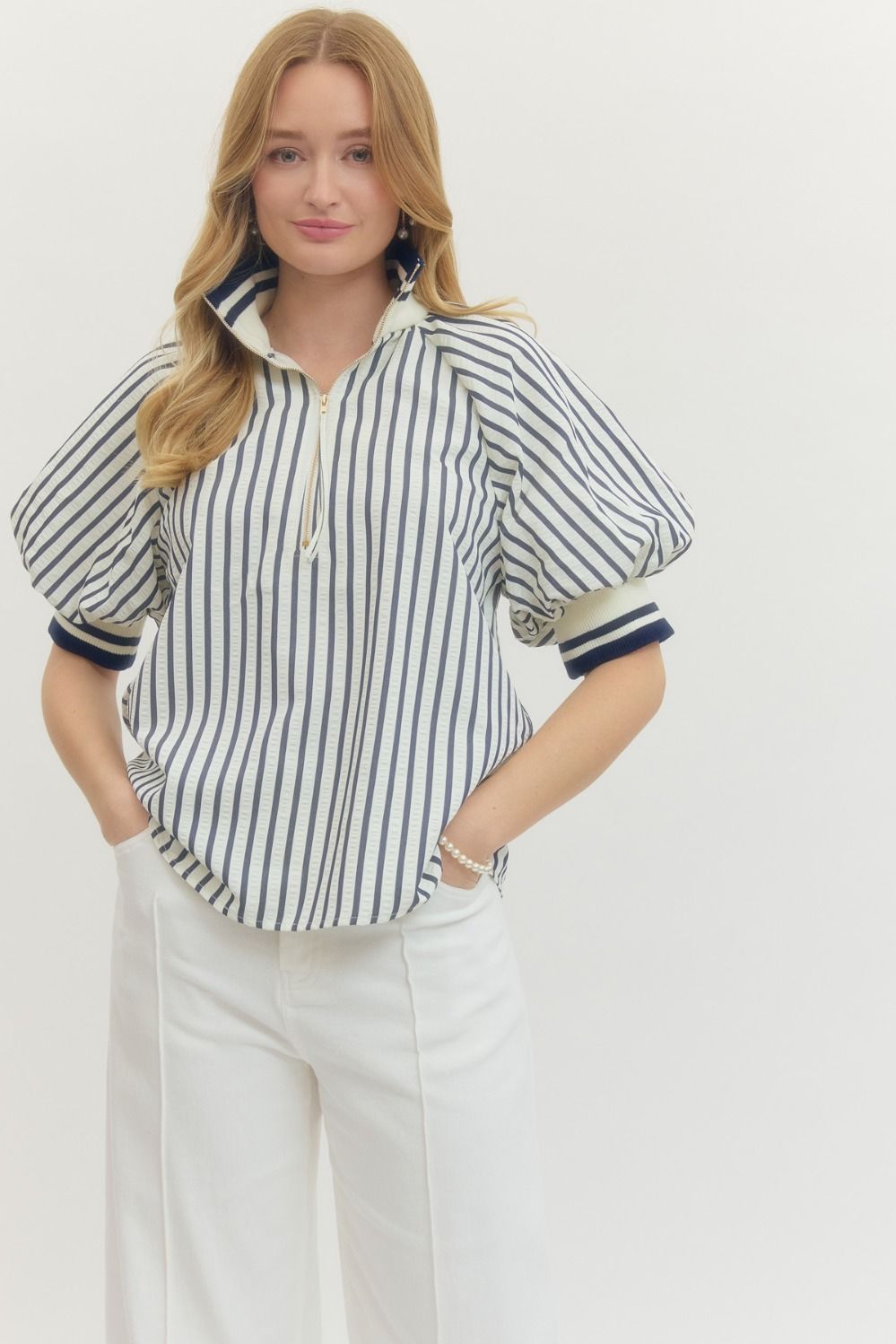Striped Puff Sleeve Top with Half-Zip Ribbed Collar