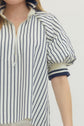 Striped Puff Sleeve Top with Half-Zip Ribbed Collar