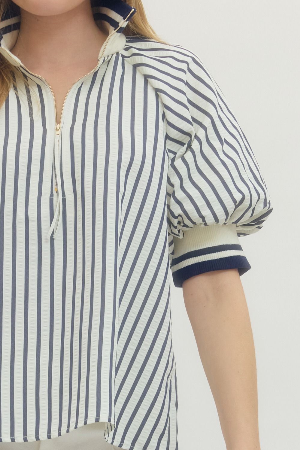 Striped Puff Sleeve Top with Half-Zip Ribbed Collar