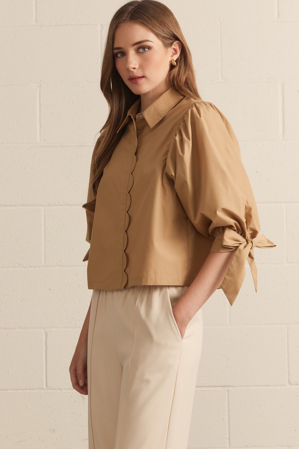 Solid 3/4 Sleeve Top with Scallop Accent