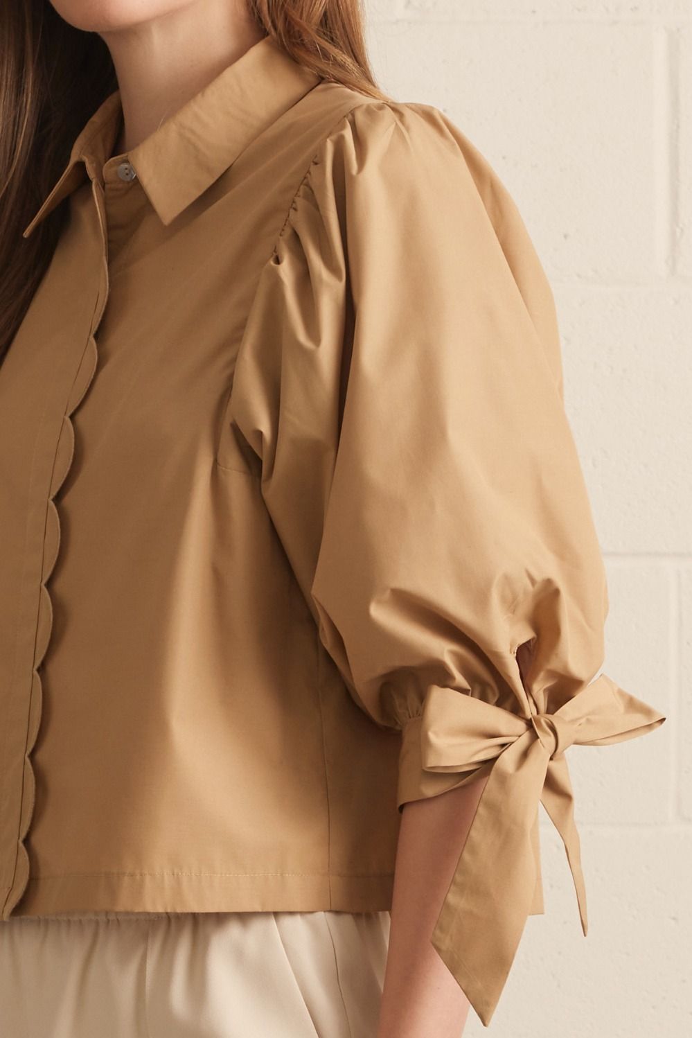 Solid 3/4 Sleeve Top with Scallop Accent