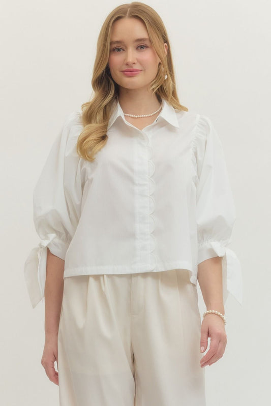 White 3/4 Sleeve Top with Scallop Trim