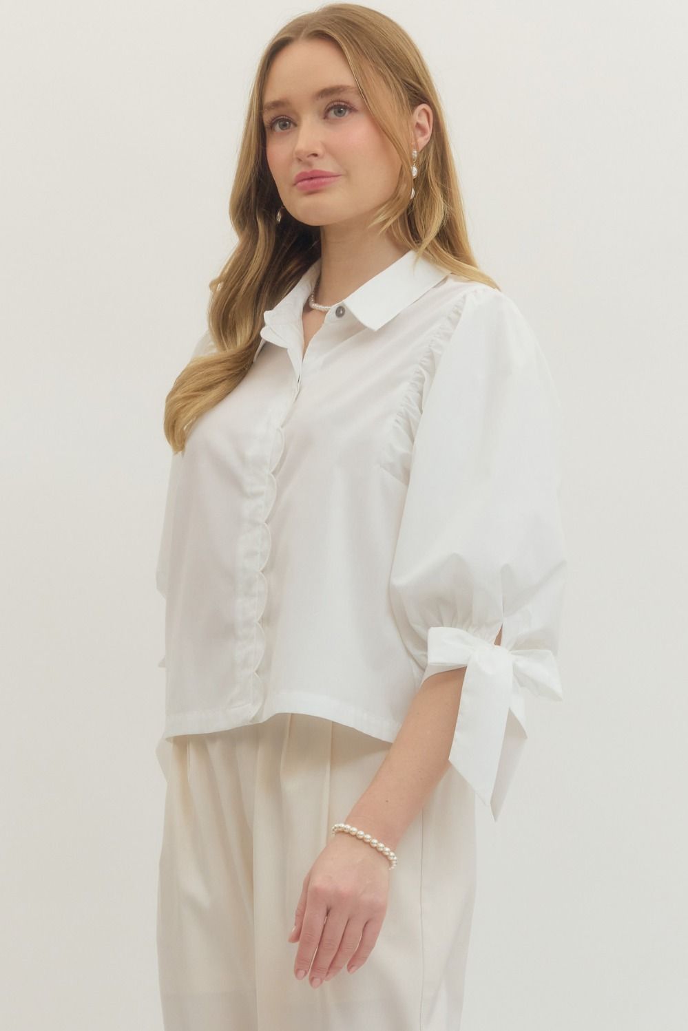 White 3/4 Sleeve Top with Scallop Trim