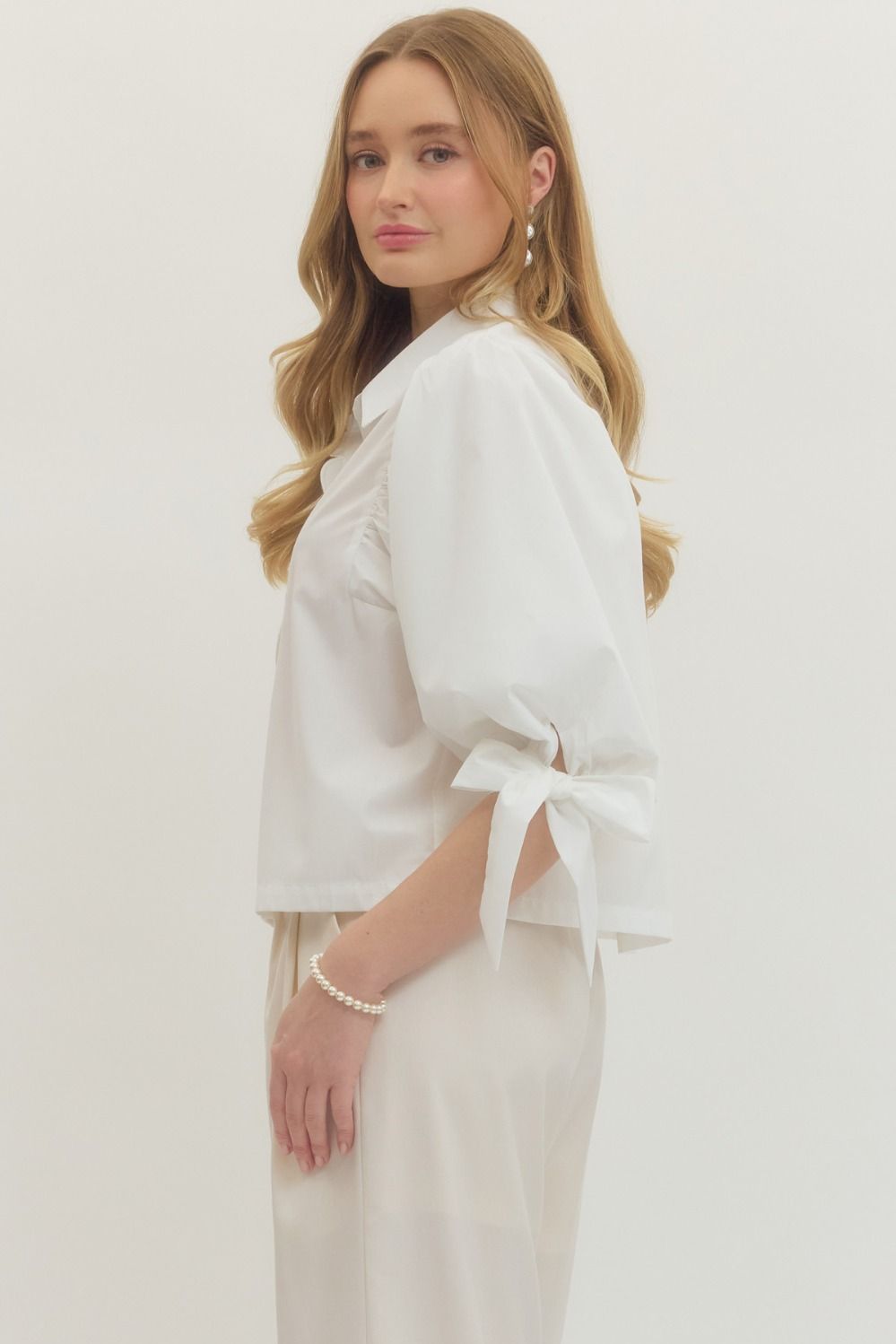 White 3/4 Sleeve Top with Scallop Trim