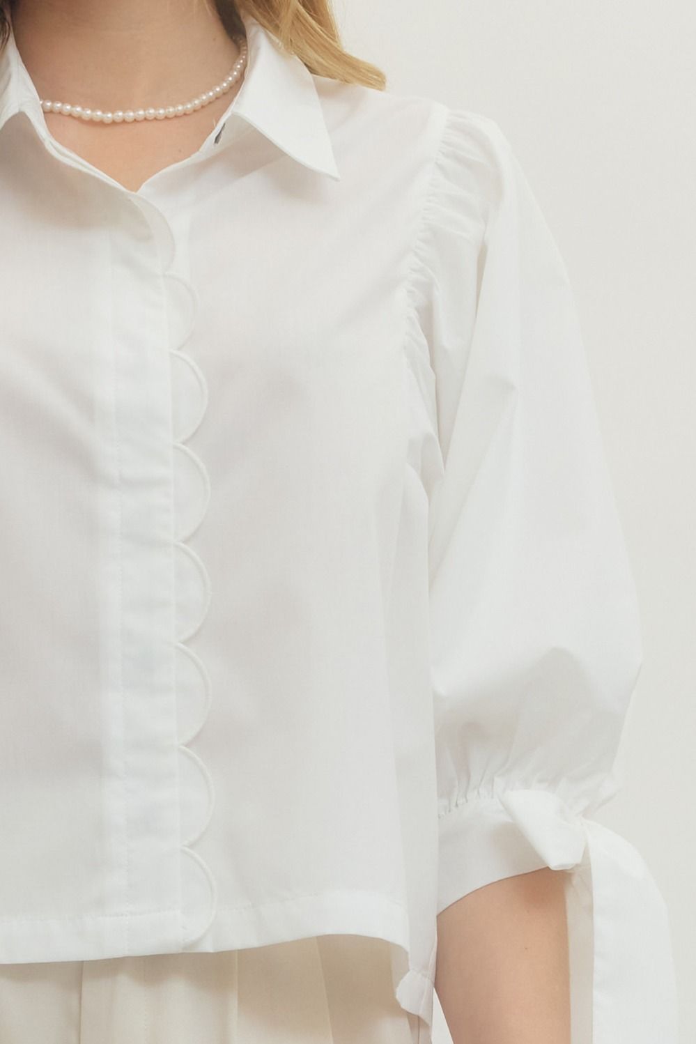 White 3/4 Sleeve Top with Scallop Trim